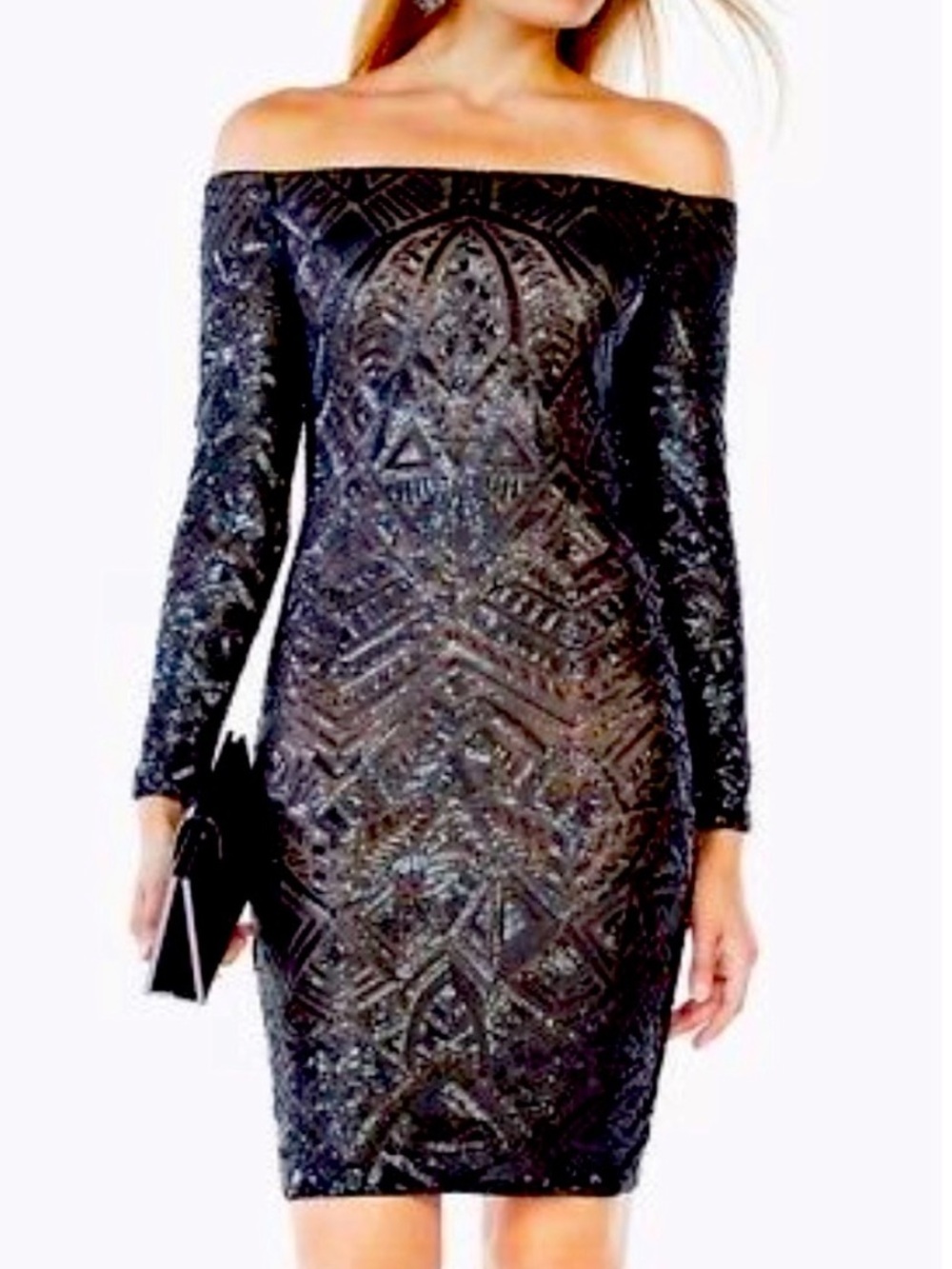 BCBG MAXAZRIA OFF SHOULDER SEQUINED DRESS EUNICE